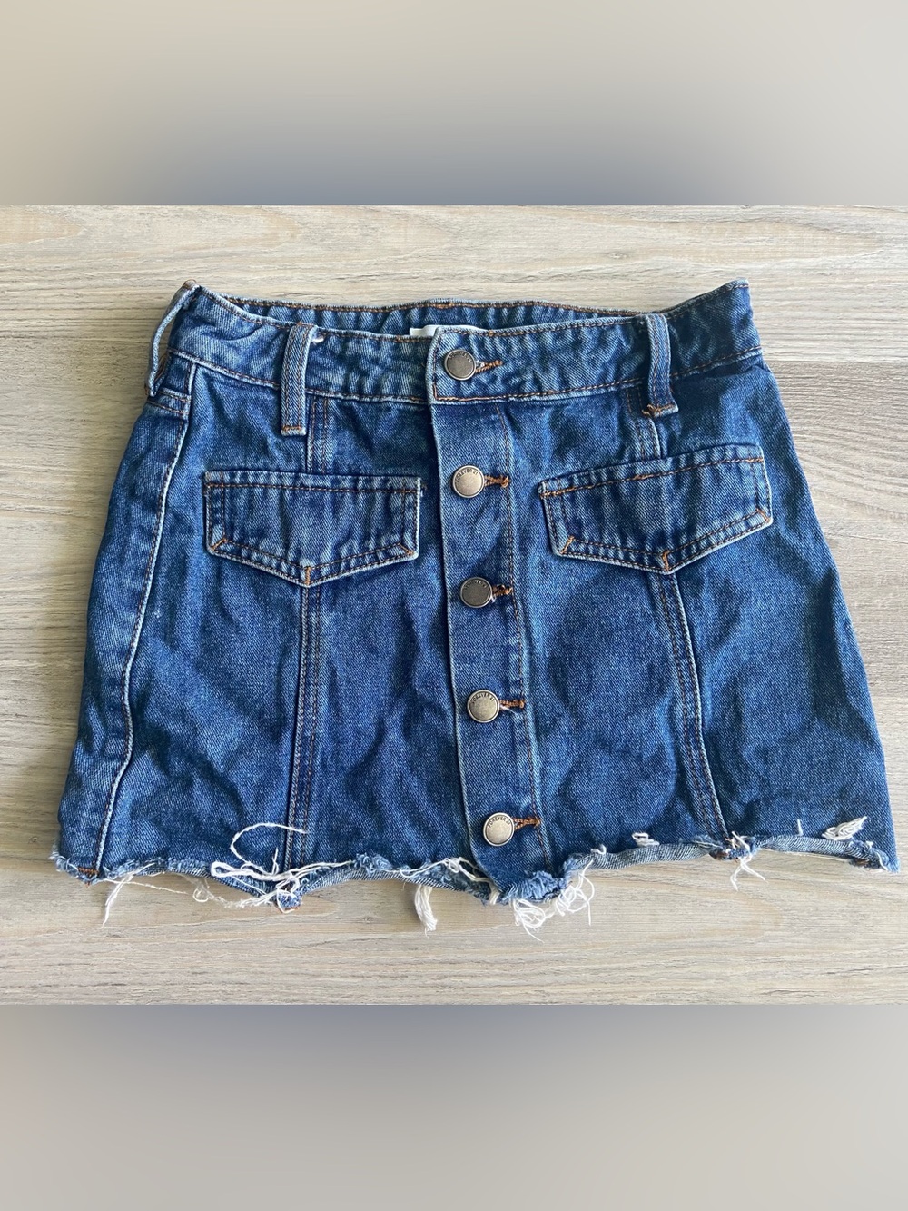 Forever 21 Button Front Denim Mini Skirt Blue Frayed Hem XS